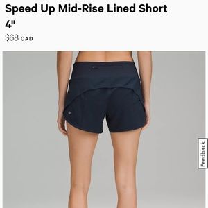 Lululemon Speed up mid rise lined short 4 inches navy